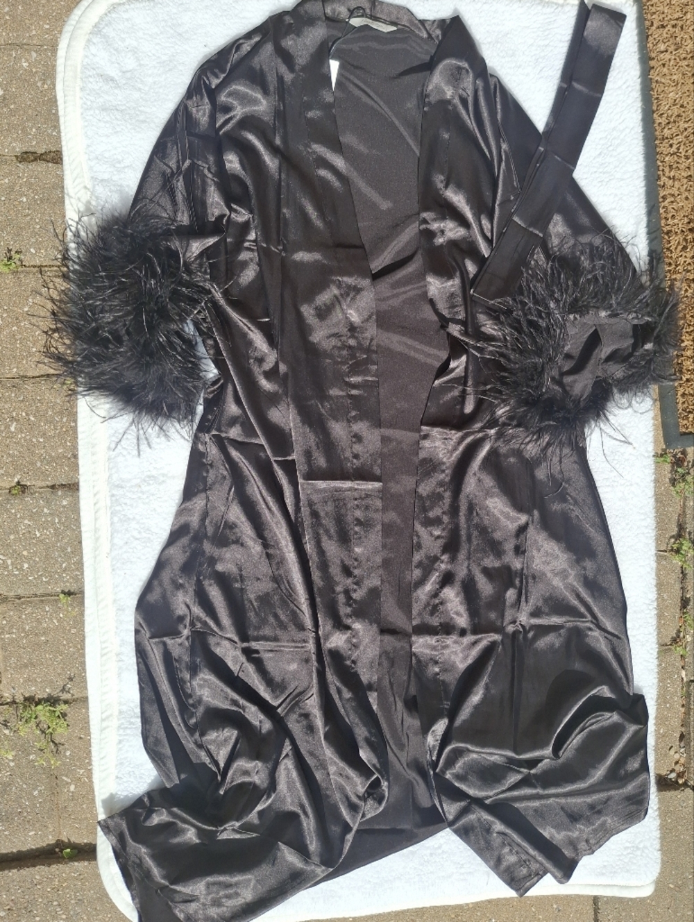 Silky Black Robe With Feather Cuffs - OS